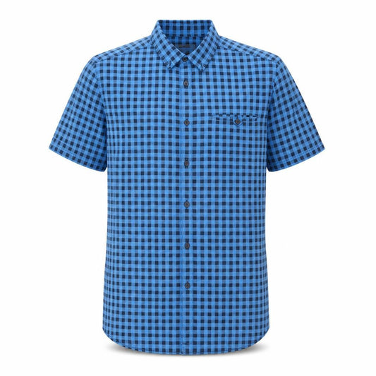 Front view of Burton men’s blue check cotton button-up, size M, crew neck button