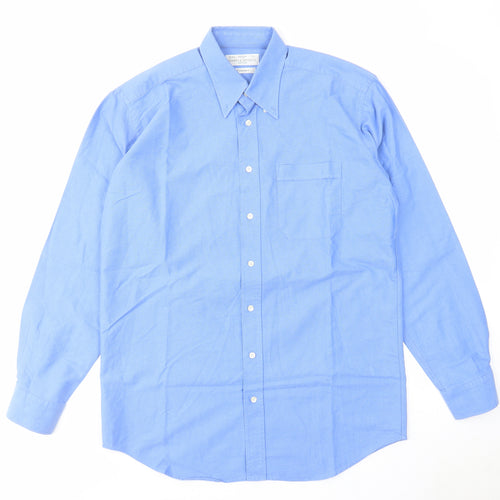 St Michael Mens Blue Cotton Button-Up Size 15.5 Collared Button