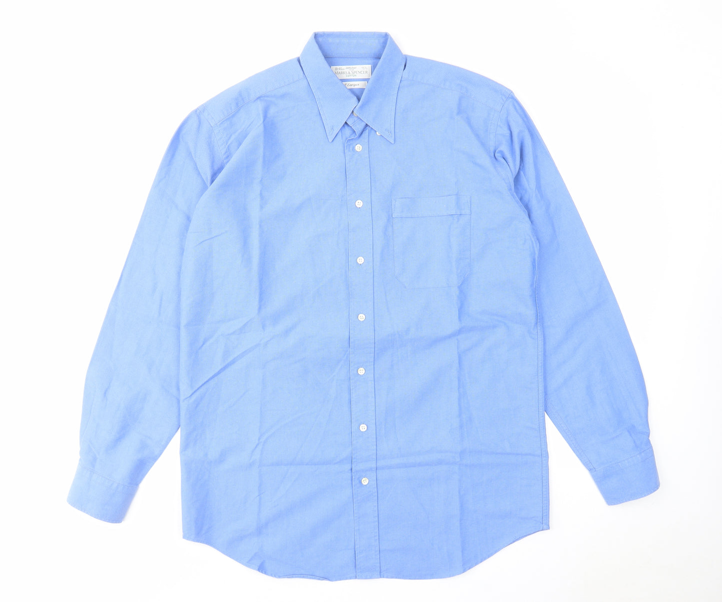 St Michael Mens Blue Cotton Button-Up Size 15.5 Collared Button