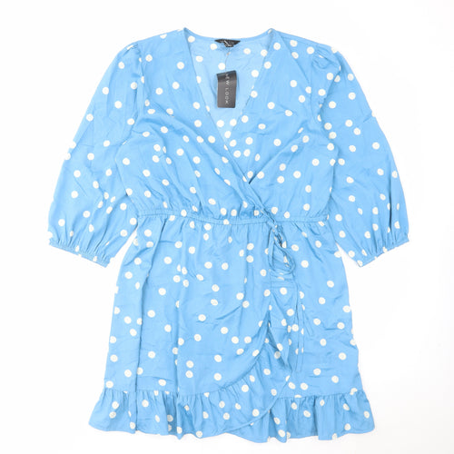 New Look Womens Blue Polka Dot Polyester Wrap Dress Size 16 V-Neck Pullover