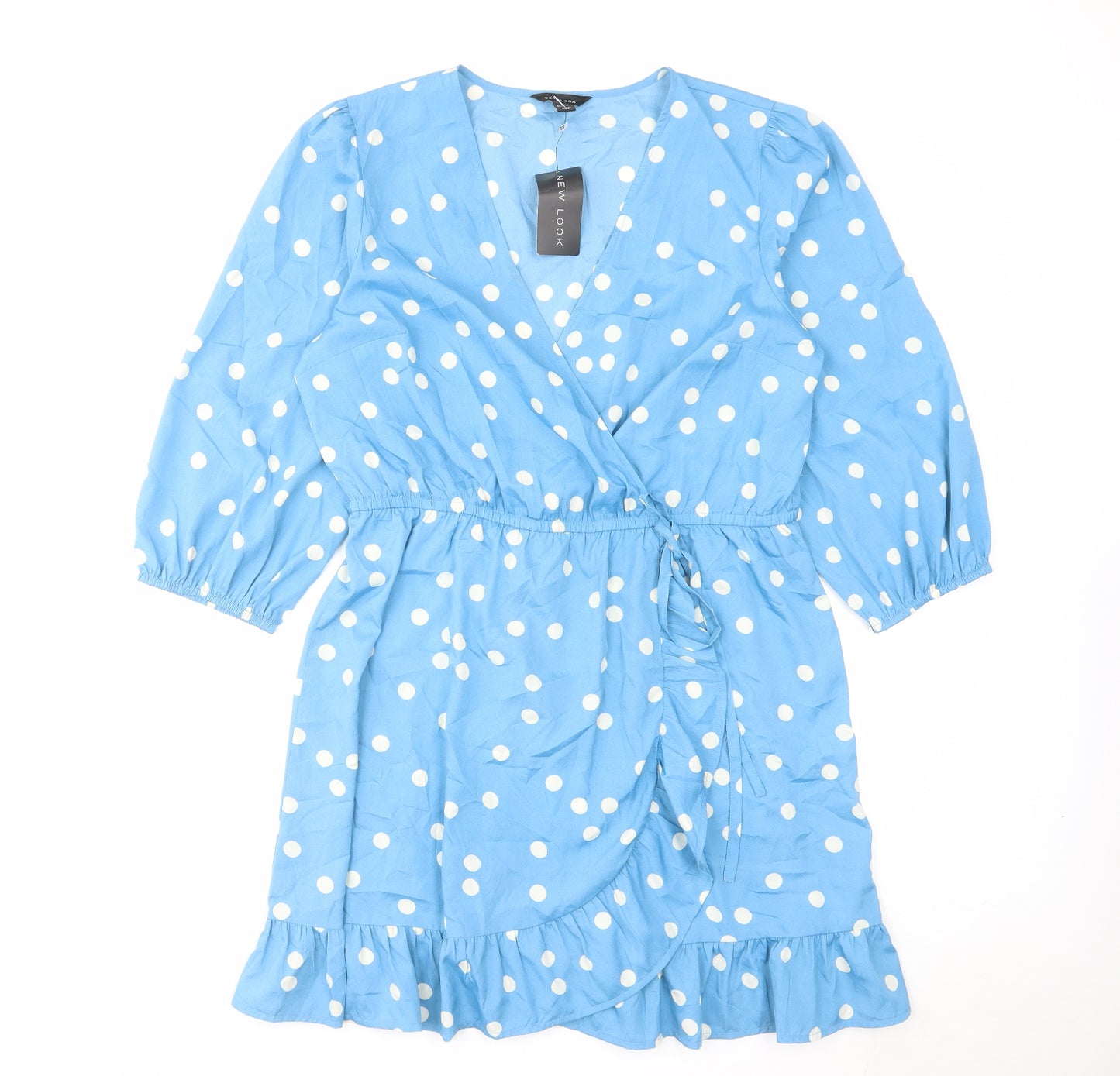 New Look Womens Blue Polka Dot Polyester Wrap Dress Size 16 V-Neck Pullover