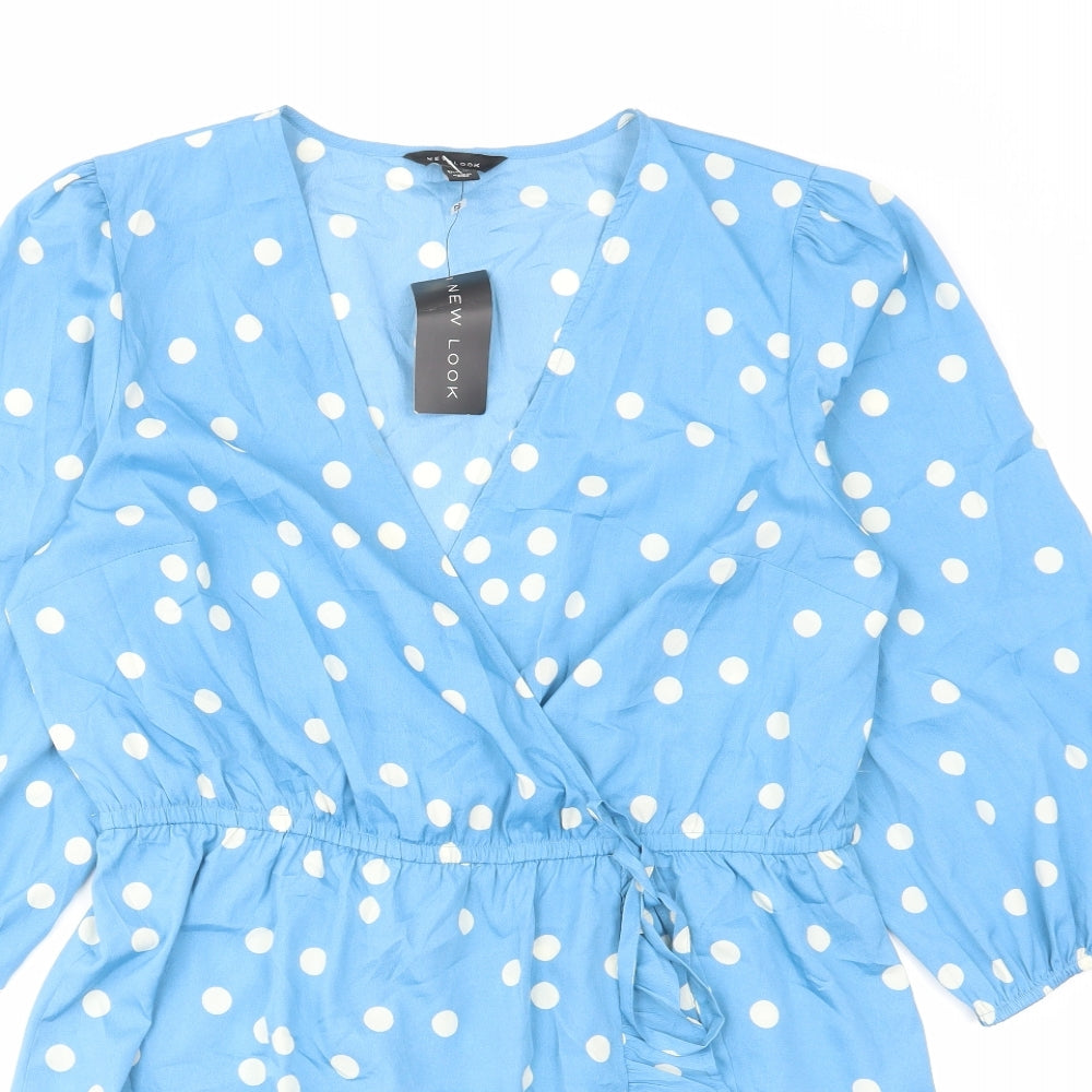 New Look Womens Blue Polka Dot Polyester Wrap Dress Size 16 V-Neck Pullover