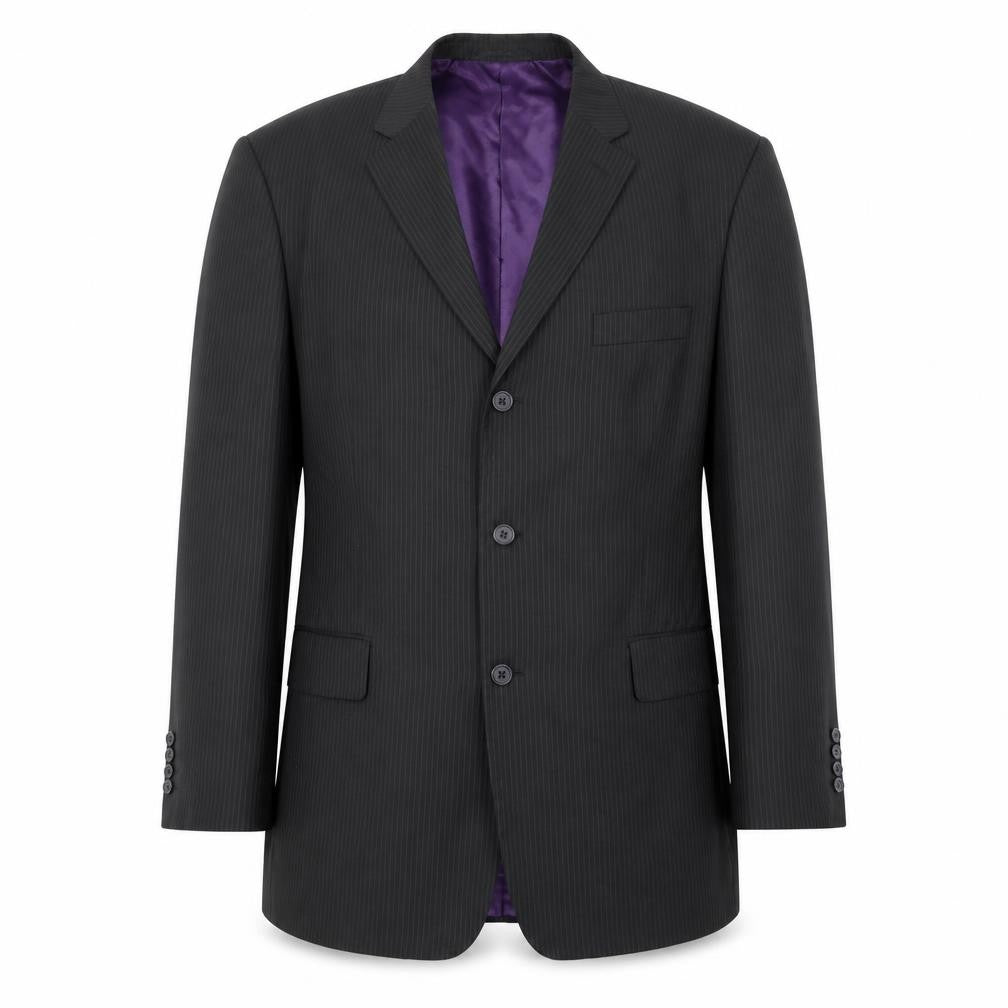 Front view of Pierre Remon men’s black striped polyester jacket suit jacket, size 46, regular
