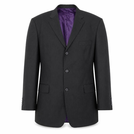 Front view of Pierre Remon men’s black striped polyester jacket suit jacket, size 46, regular