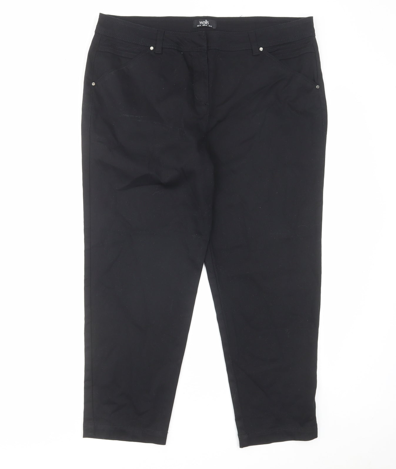 Wallis Womens Black Cotton Cropped Trousers Size 14 L23 in Regular Hook & Eye