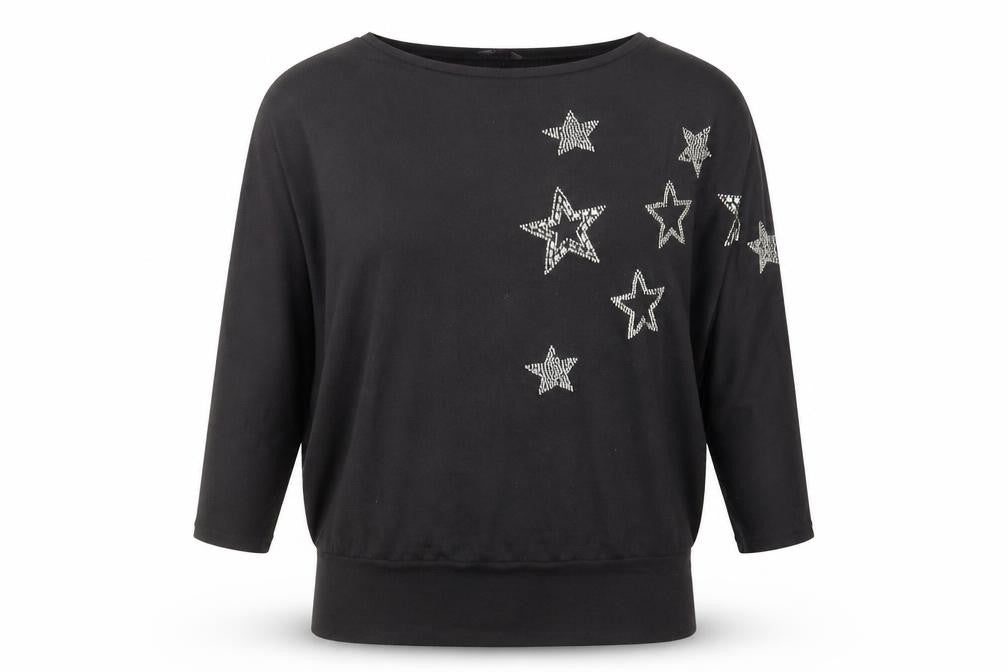 Front view of New Look women’s black polyester basic blouse, size M, round neck - stars print