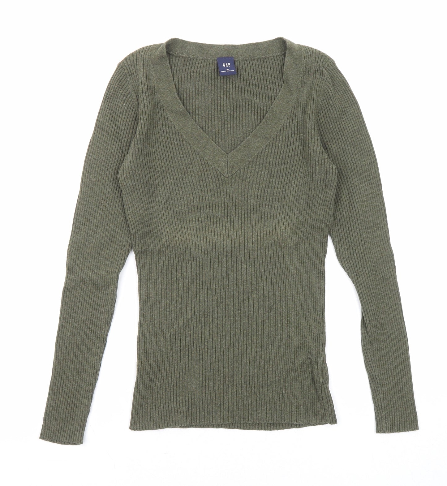 Gap Womens Green V-Neck Cotton Pullover Jumper Size M - Ribbed
