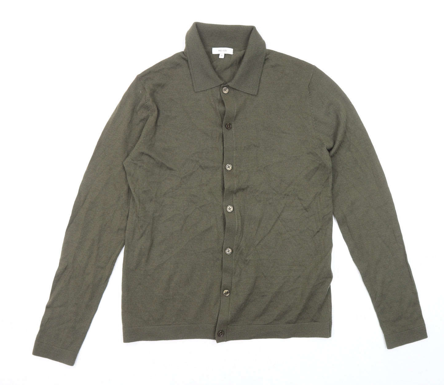 Reiss Mens Green Collared Wool Cardigan Jumper Size S Long Sleeve