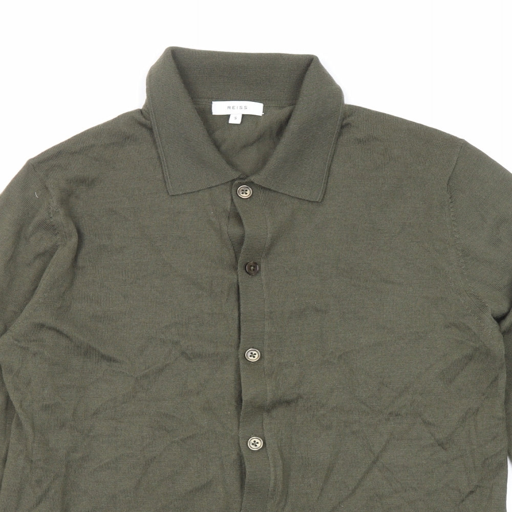 Reiss Mens Green Collared Wool Cardigan Jumper Size S Long Sleeve