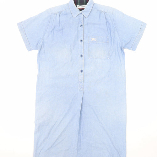 Burberry Womens Blue Cotton Shirt Dress Size 16 Collared Button
