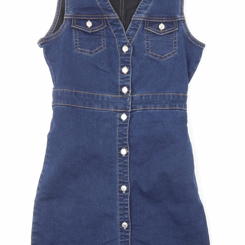 Pull&Bear Womens Blue Cotton A-Line Size S V-Neck Zip