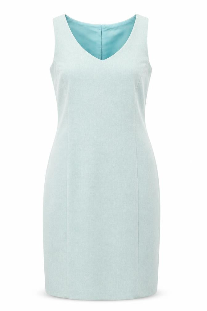 Front view of Classics women’s green polyester pencil dress, size UK 12, v-neck zip