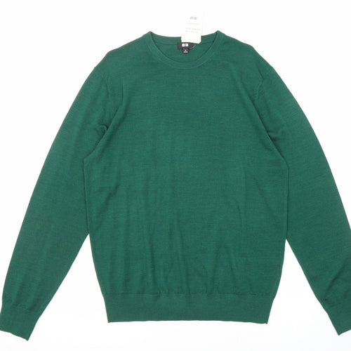 Uniqlo Mens Green Crew Neck Wool Pullover Jumper Size M Long Sleeve