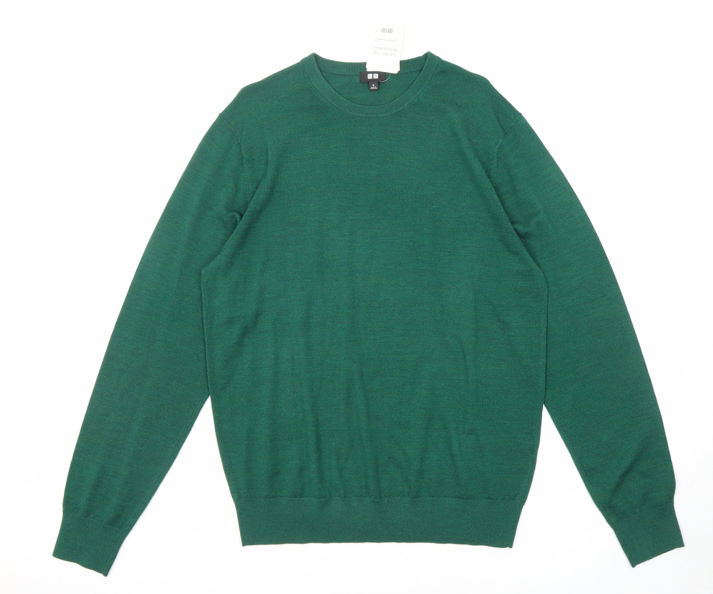 Uniqlo Mens Green Crew Neck Wool Pullover Jumper Size M Long Sleeve