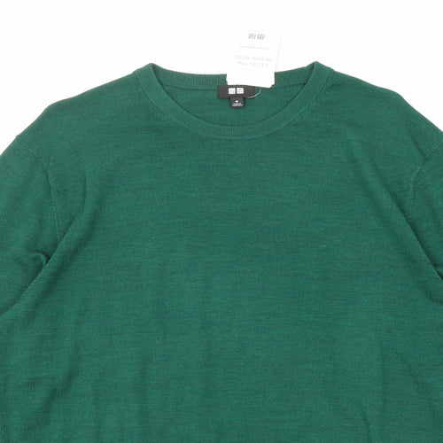 Uniqlo Mens Green Crew Neck Wool Pullover Jumper Size M Long Sleeve