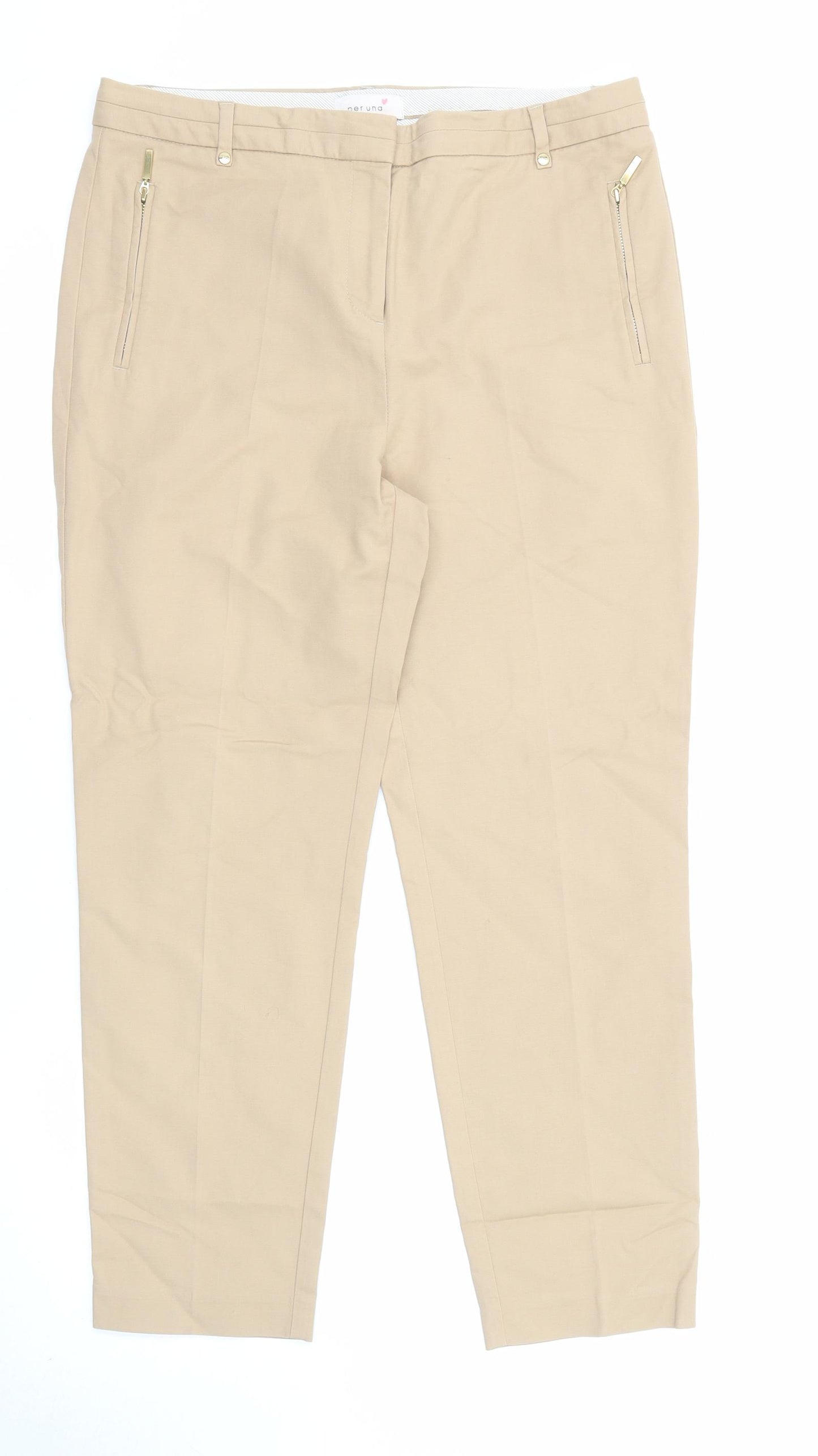 Per Una Womens Beige Cotton Chino Trousers Size 12 L25 in Regular Zip