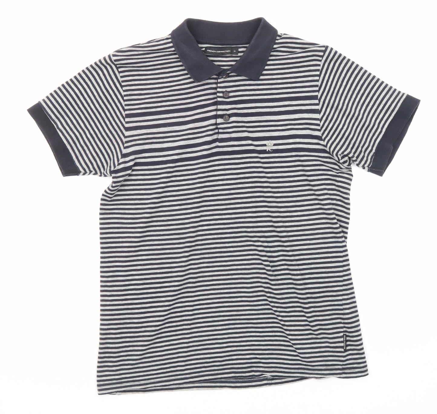 French Connection Mens Black Striped Cotton Polo Size M Collared Button