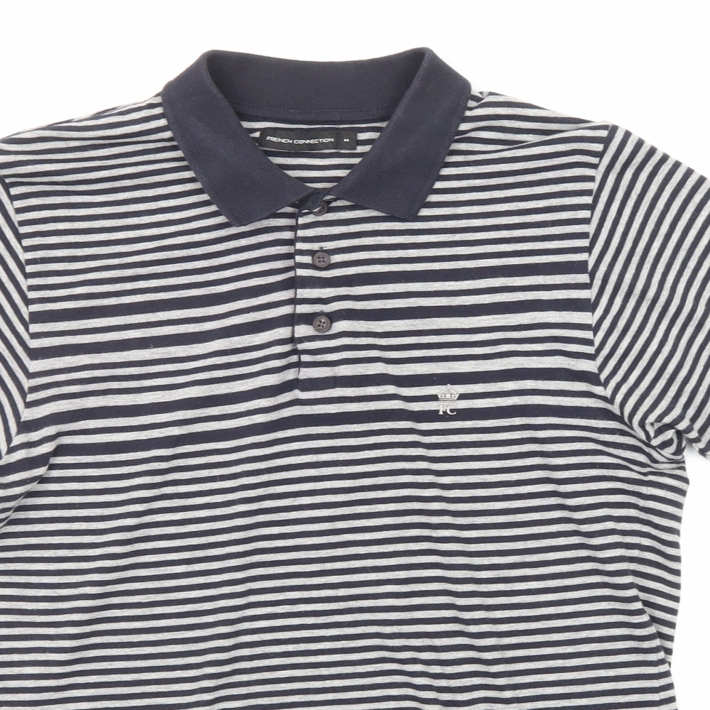French Connection Mens Black Striped Cotton Polo Size M Collared Button