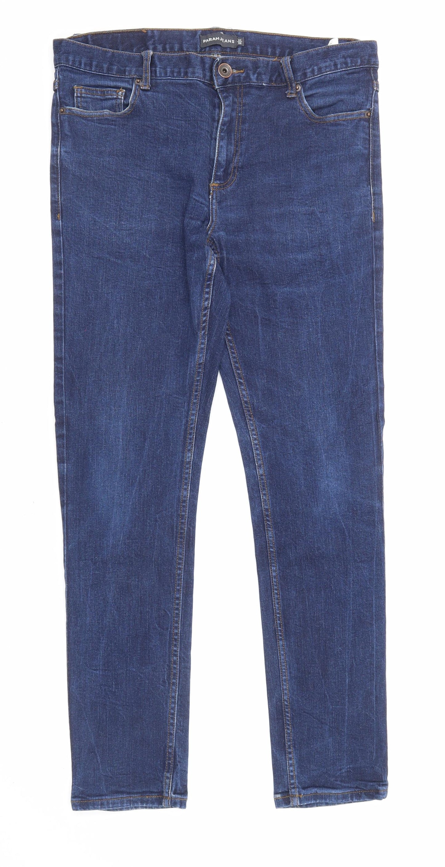 Farah Mens Blue Cotton Straight Jeans Size 34 in L32 in Regular Zip