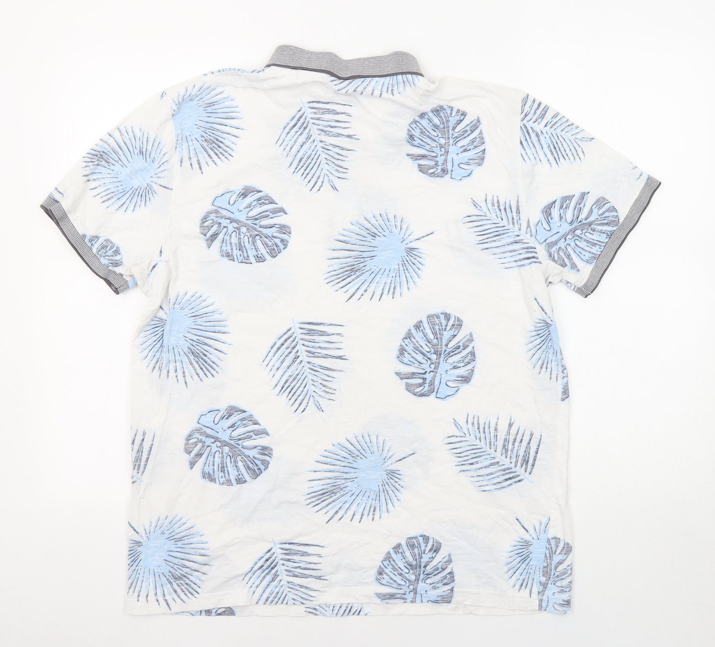 Red Herring Mens White Geometric Cotton Polo Size L Collared Button - Leaf pattern