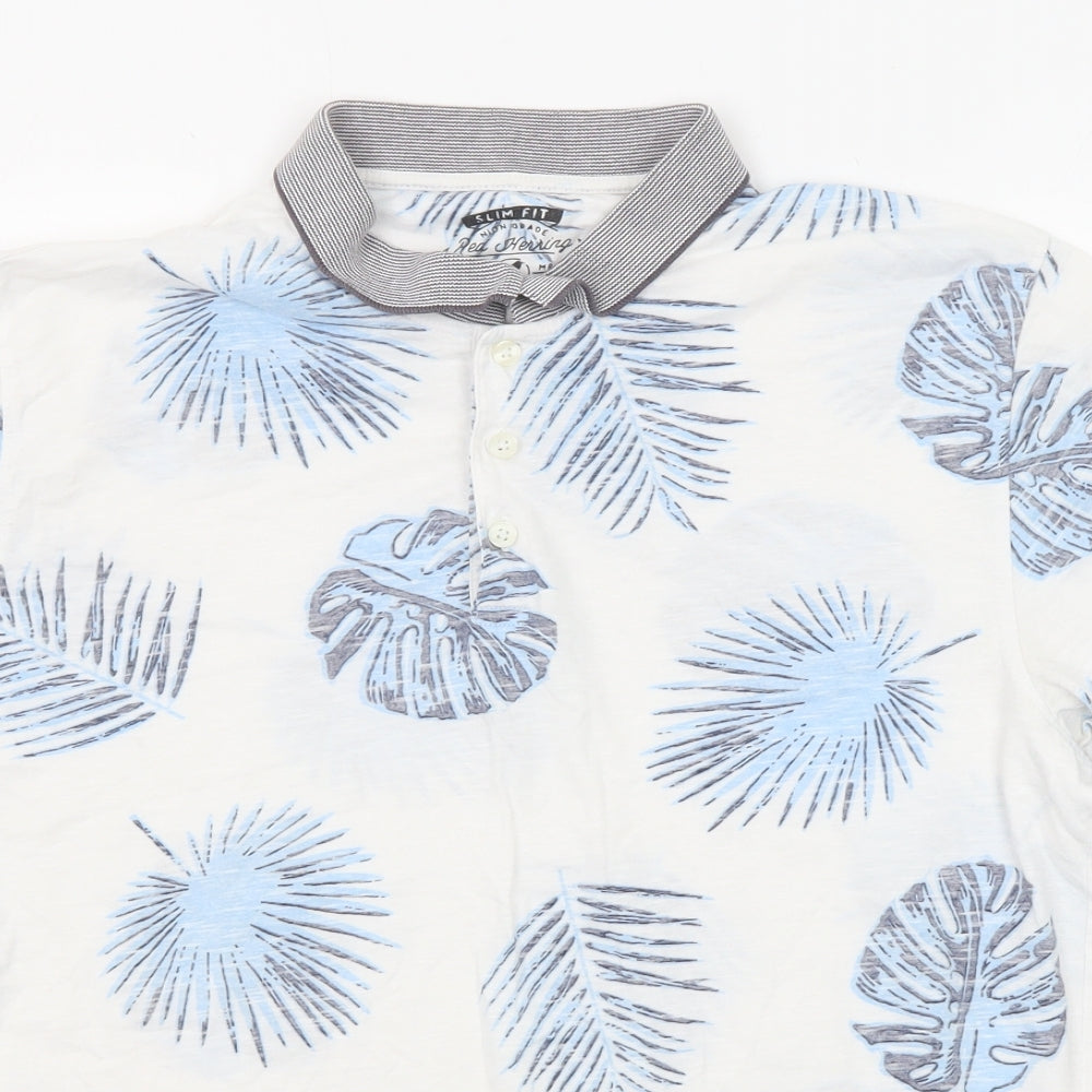Red Herring Mens White Geometric Cotton Polo Size L Collared Button - Leaf pattern