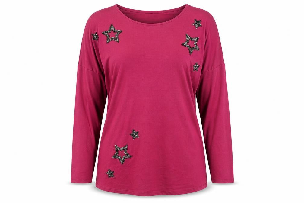 Front view of Khost women’s purple viscose basic t-shirt, size UK 8, round neck - star detail
