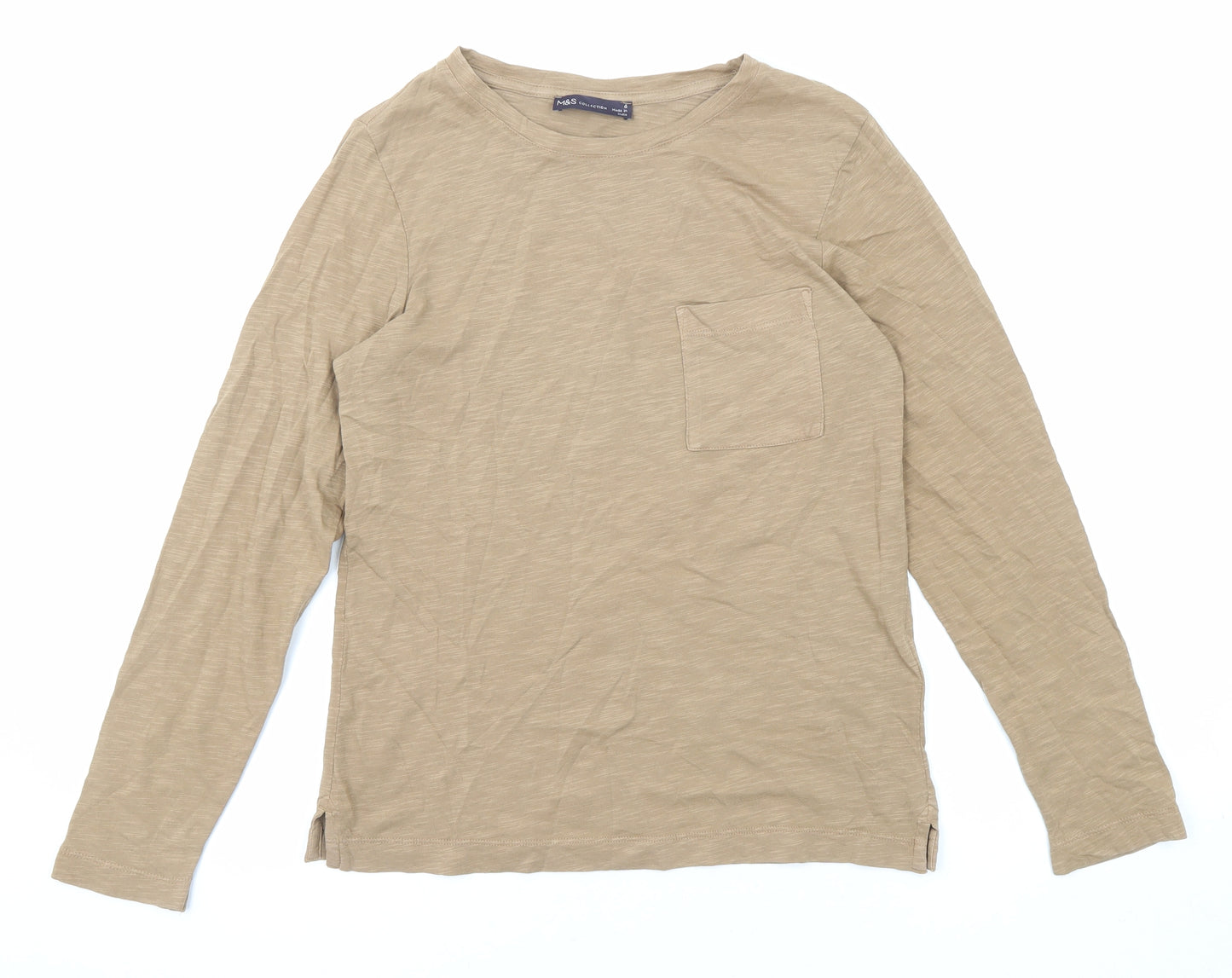 Marks and Spencer Womens Beige Cotton Basic T-Shirt Size 6 Round Neck