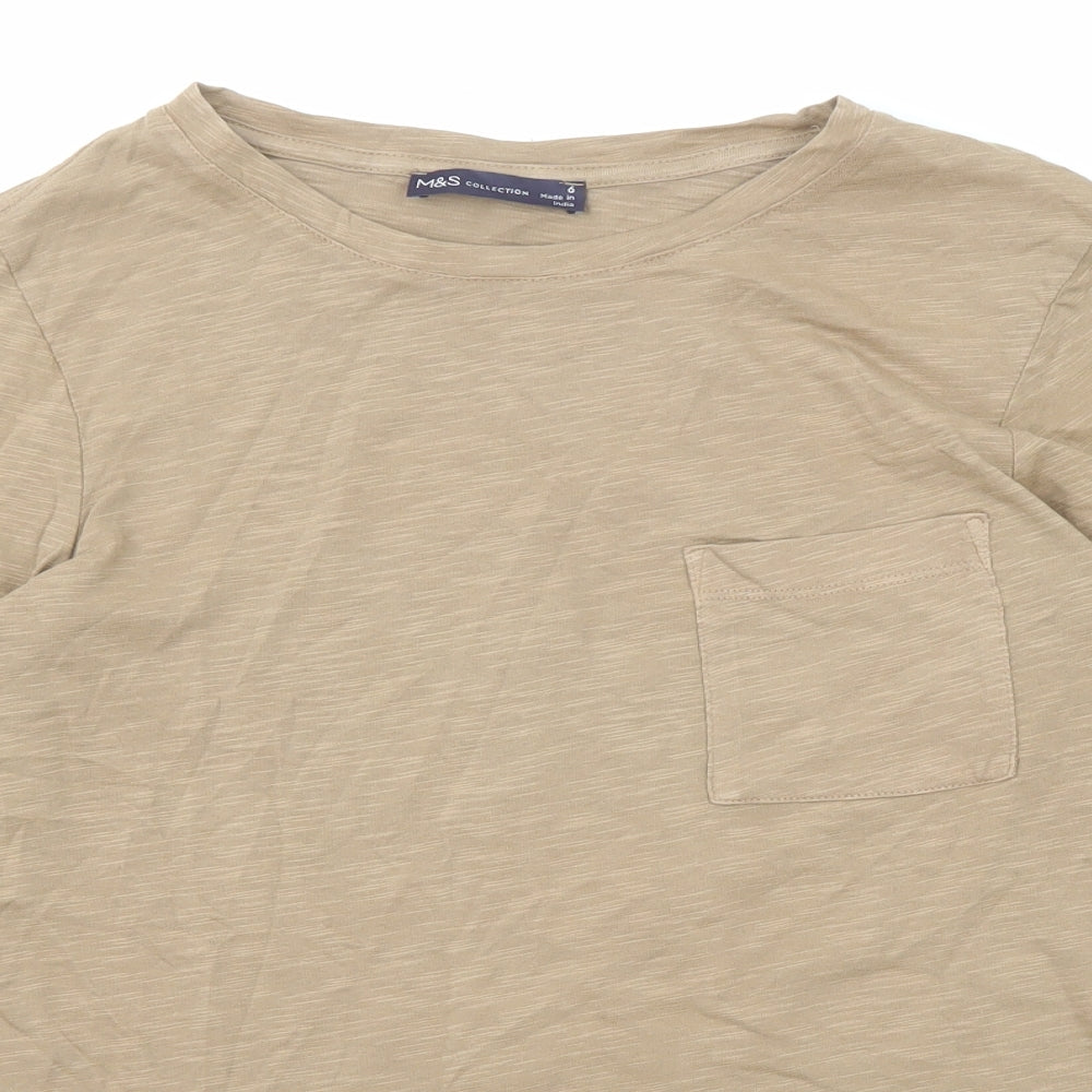 Marks and Spencer Womens Beige Cotton Basic T-Shirt Size 6 Round Neck
