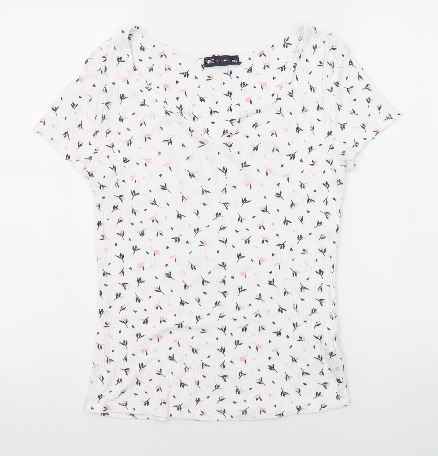 Marks and Spencer Womens White Geometric Viscose Basic T-Shirt Size 10 Round Neck