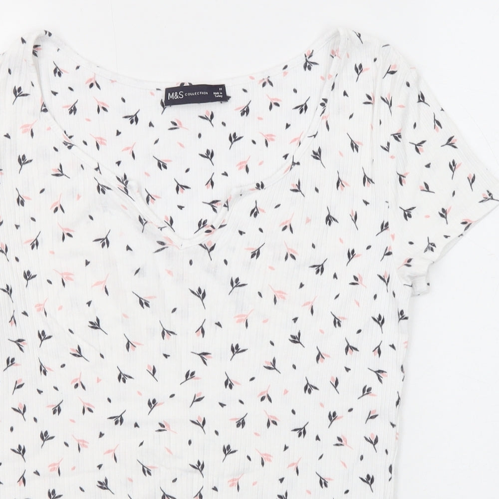 Marks and Spencer Womens White Geometric Viscose Basic T-Shirt Size 10 Round Neck