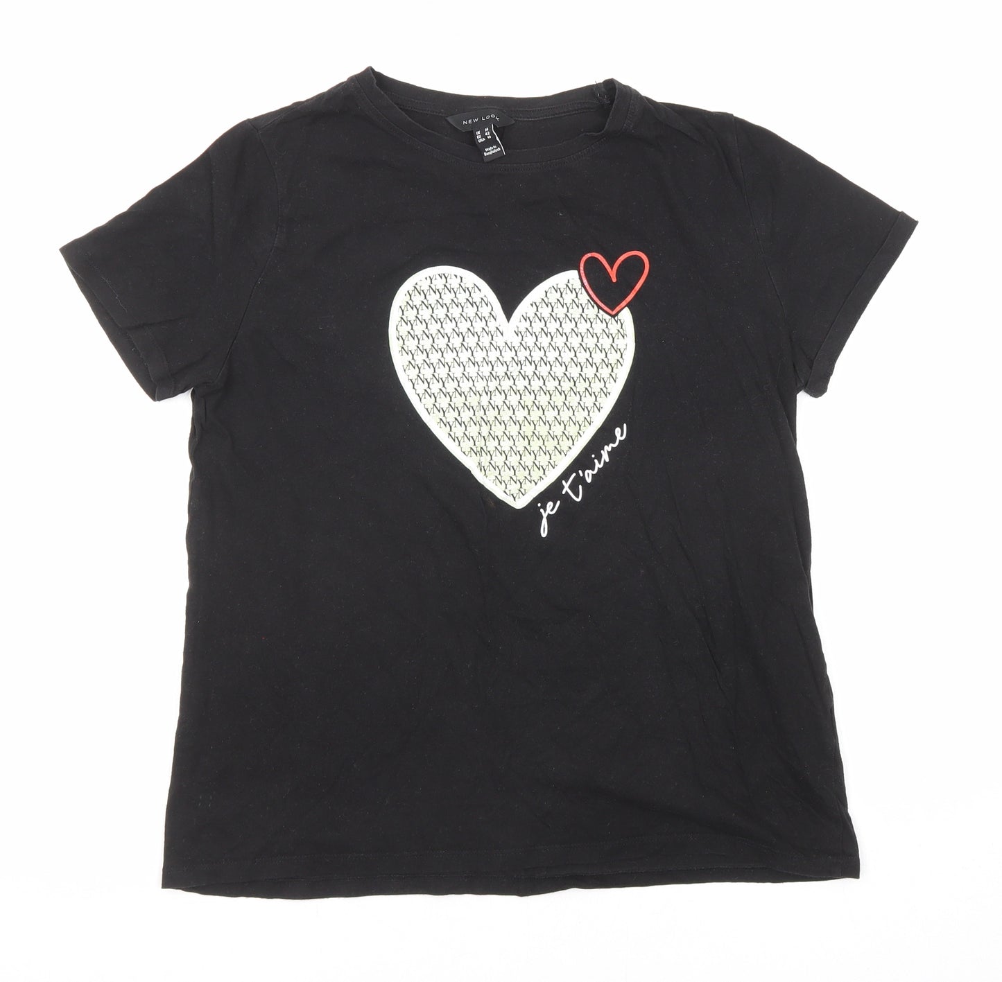 New Look Womens Black Cotton Basic T-Shirt Size 14 Round Neck - Je T'aime