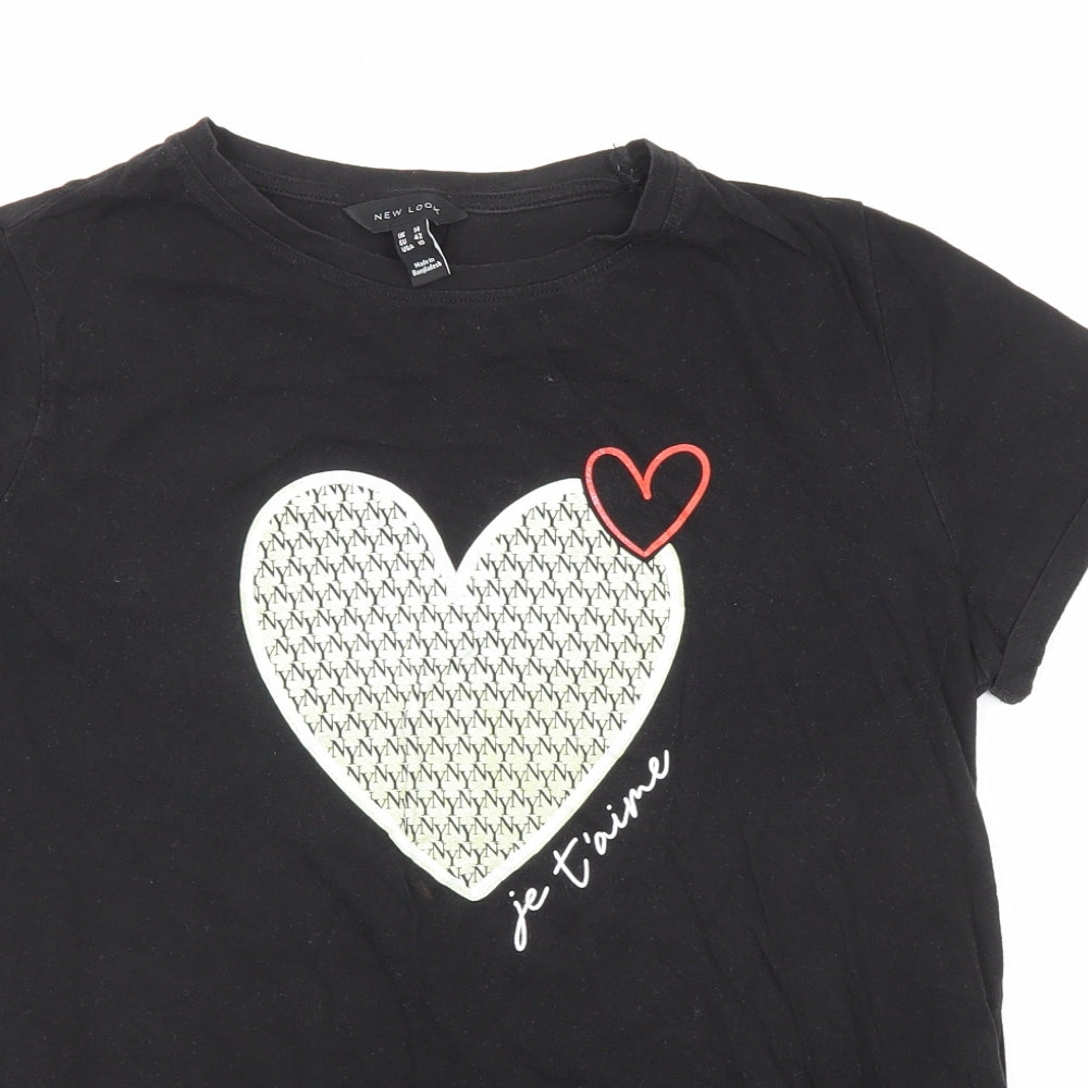 New Look Womens Black Cotton Basic T-Shirt Size 14 Round Neck - Je T'aime