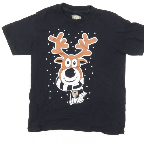 Notts County FC Boys Black 100% Cotton Basic T-Shirt Size 7-8 Years Round Neck Pullover - Reindeer