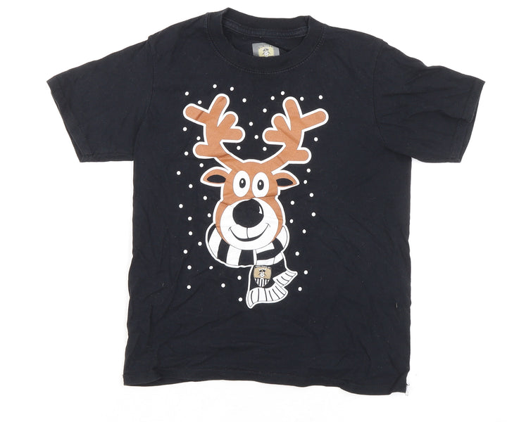 Notts County FC Boys Black 100% Cotton Basic T-Shirt Size 7-8 Years Round Neck Pullover - Reindeer