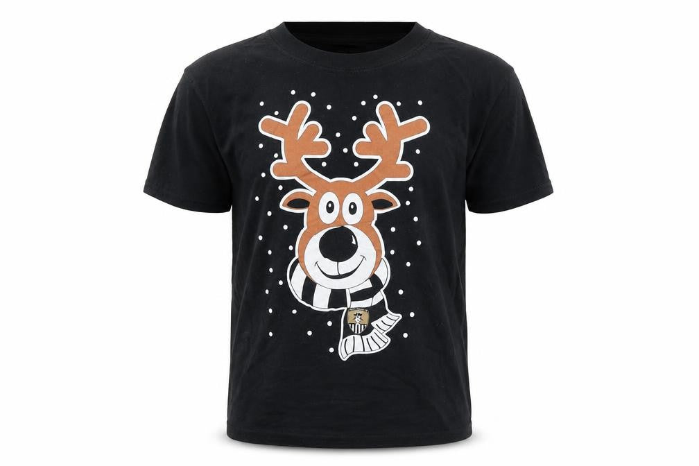 Notts County FC Boys Black 100% Cotton Basic T-Shirt Size 7-8 Years Round Neck Pullover - Reindeer