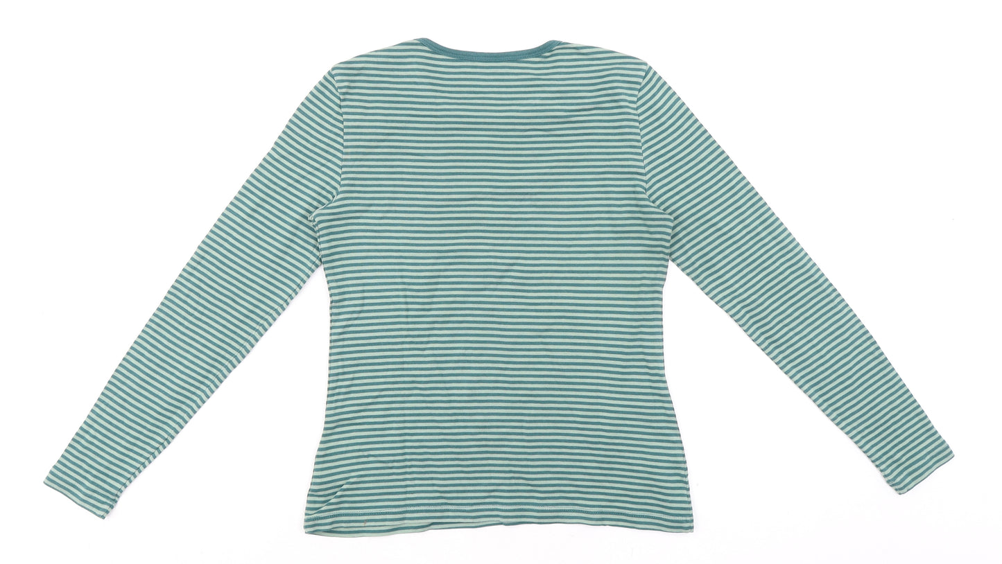 Montego Womens Green Striped 100% Cotton Basic T-Shirt Size S Round Neck
