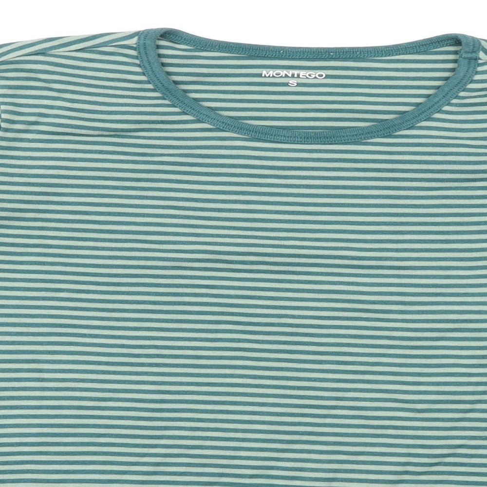 Montego Womens Green Striped 100% Cotton Basic T-Shirt Size S Round Neck