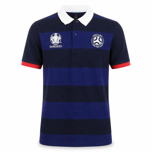 Front view of Euro men’s blue striped polyester polo, size XS, collared button - uefa euro 2020 england
