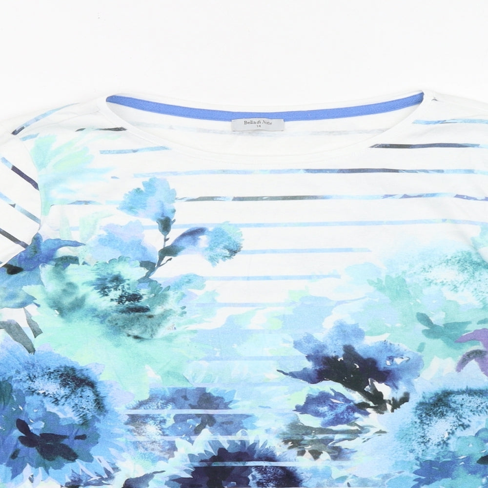 Bella di Notte Womens Blue Striped 100% Cotton Basic T-Shirt Size 14 Round Neck - Flower Pattern