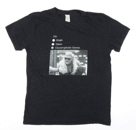 Front view of Gildan women’s black 100% cotton basic t-shirt, size M, round neck - gemma collins i'm claustrophobic darren