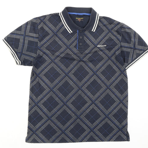 Dunlop Mens Blue Check Polyester Polo Size S Collared Button