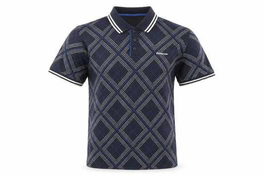 Front view of Dunlop men’s blue check polyester polo, size S, collared button