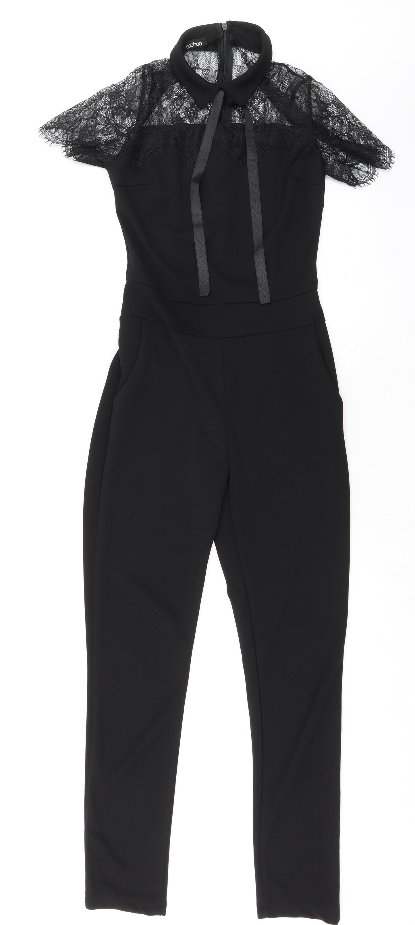 Boohoo Womens Black Polyester Jumpsuit One-Piece Size S L30 in Zip - Lace Neckline
