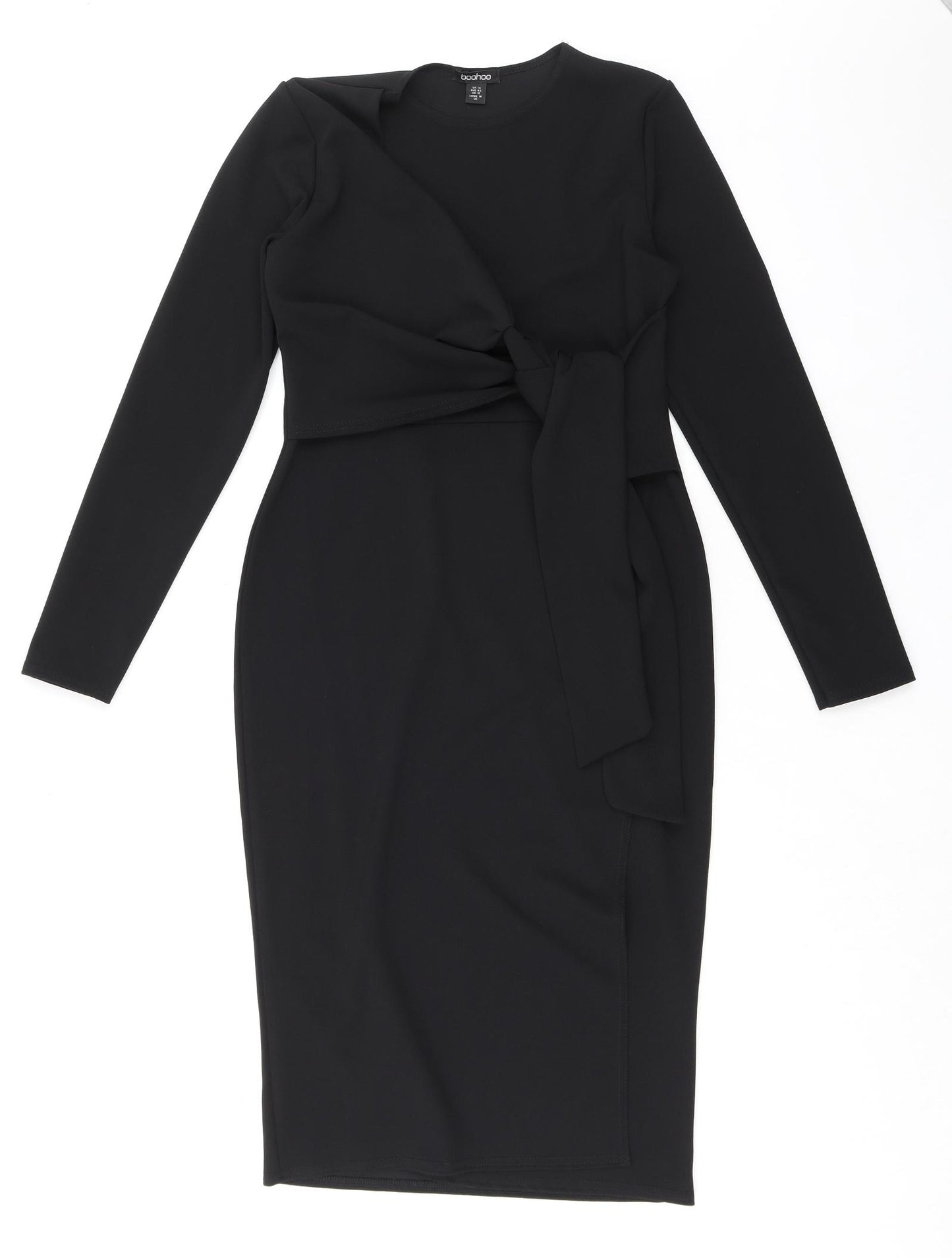 Boohoo Womens Black Polyester Sheath Size 14 Crew Neck Pullover - Wrap Front Detail