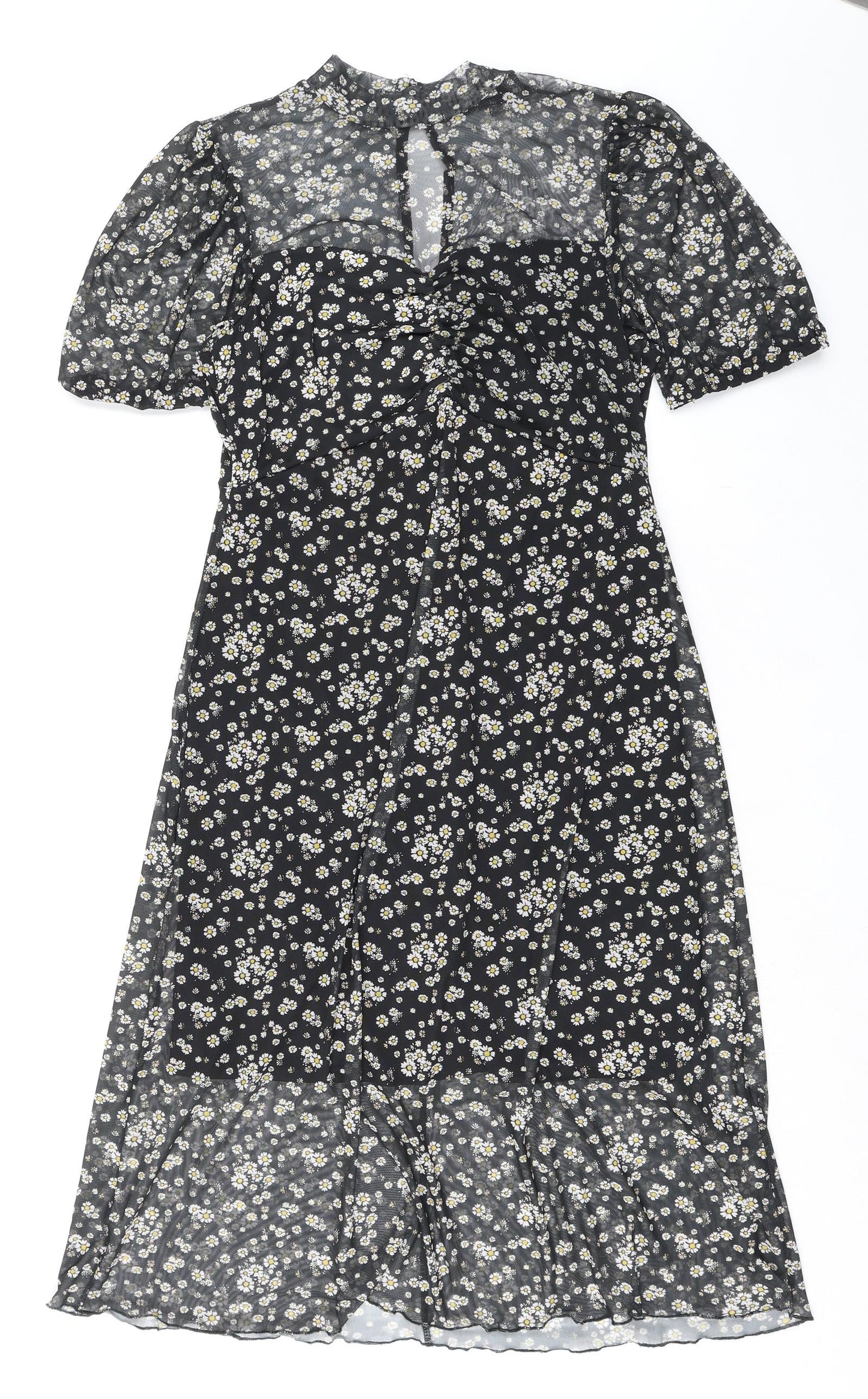 New Look Womens Black Floral Polyester A-Line Size 14 Mock Neck Button