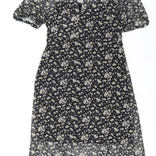 New Look Womens Black Floral Polyester A-Line Size 14 Mock Neck Button