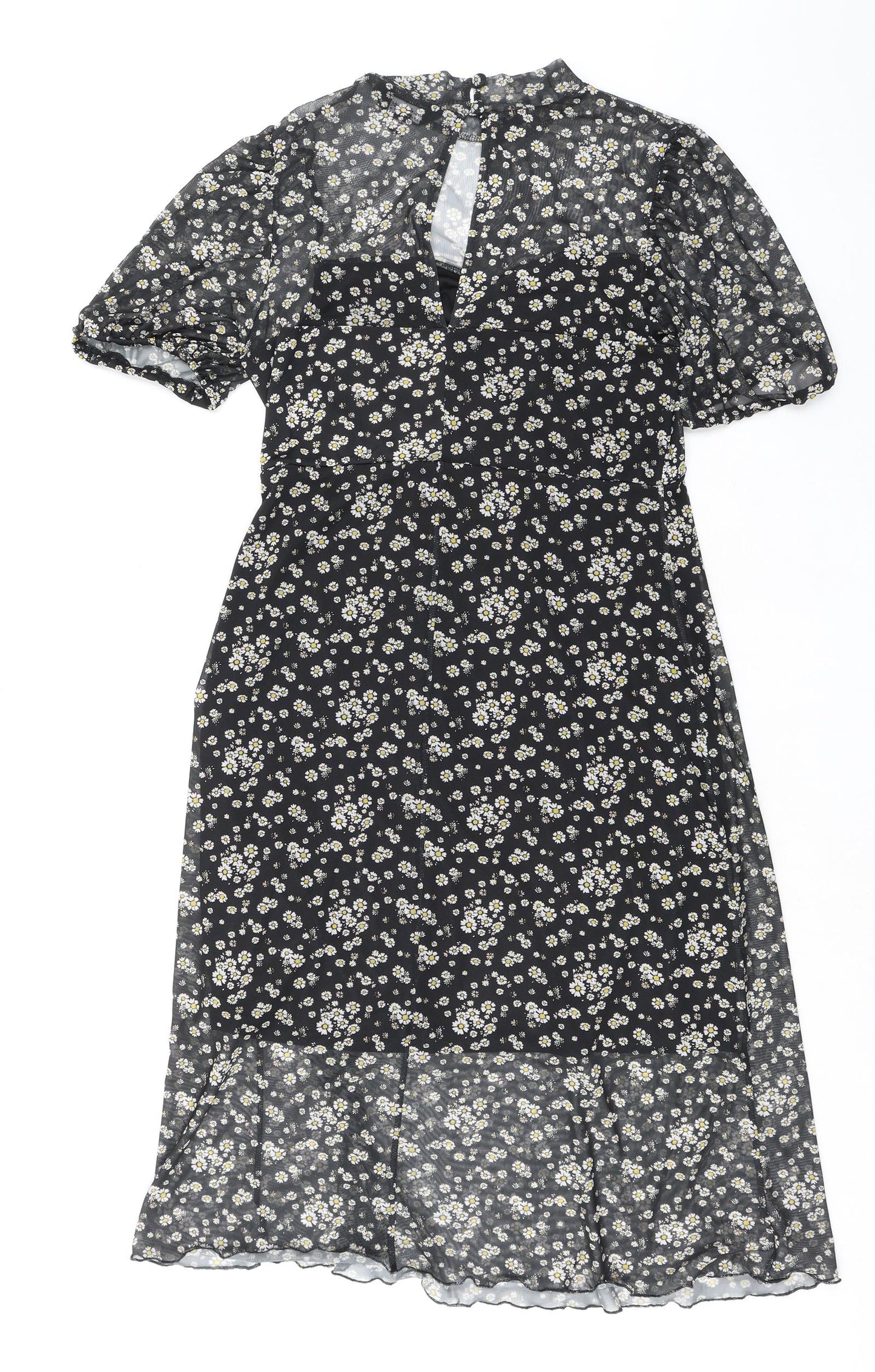 New Look Womens Black Floral Polyester A-Line Size 14 Mock Neck Button