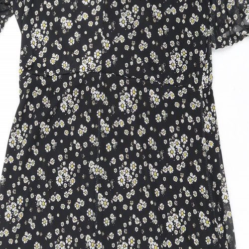 New Look Womens Black Floral Polyester A-Line Size 14 Mock Neck Button
