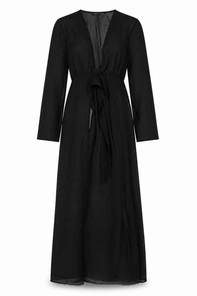 Front view of ASOS women’s black polyester wrap dress, size UK 4, v-neck pullover