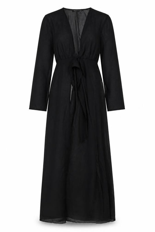 Front view of ASOS women’s black polyester wrap dress, size UK 4, v-neck pullover